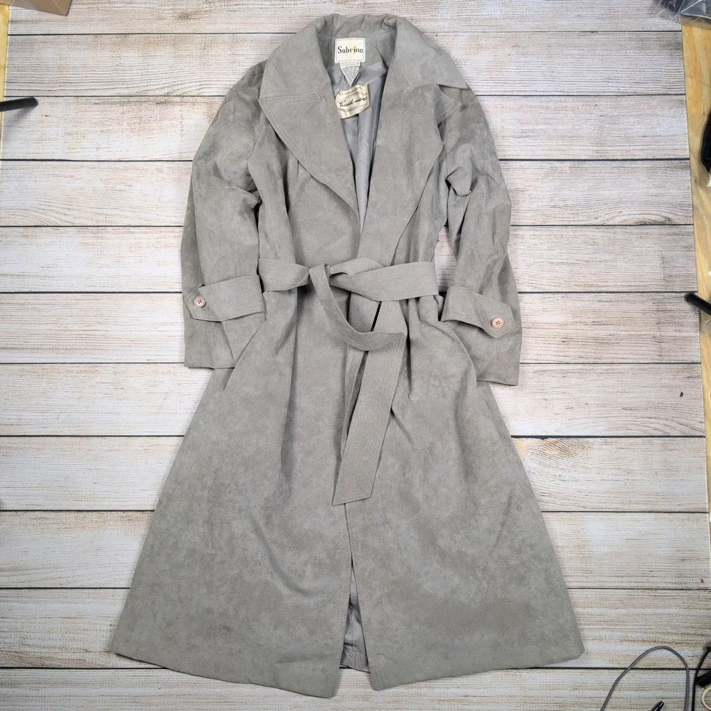 Vintage Sabrina‎ Hand-moor Chicago Faux Suede Gray Trench Coat - Size 6